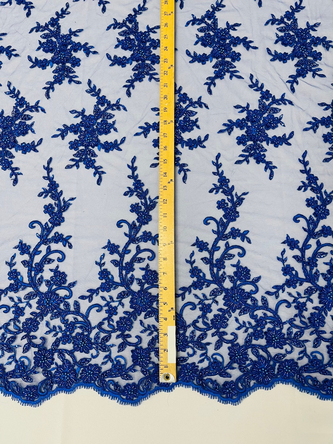 Floral Long Border Bead Fabric - Royal Blue - Embroidered Floral Cluster Design Fabric By Yard