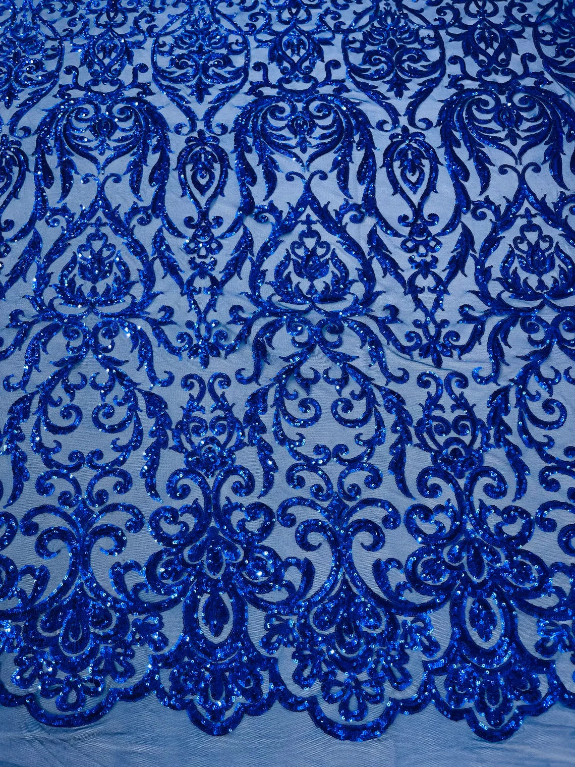 King Damask Design Sequins - Royal Blue - 4 Way Stretch Lace Mesh Embroidered Sequins By Yard