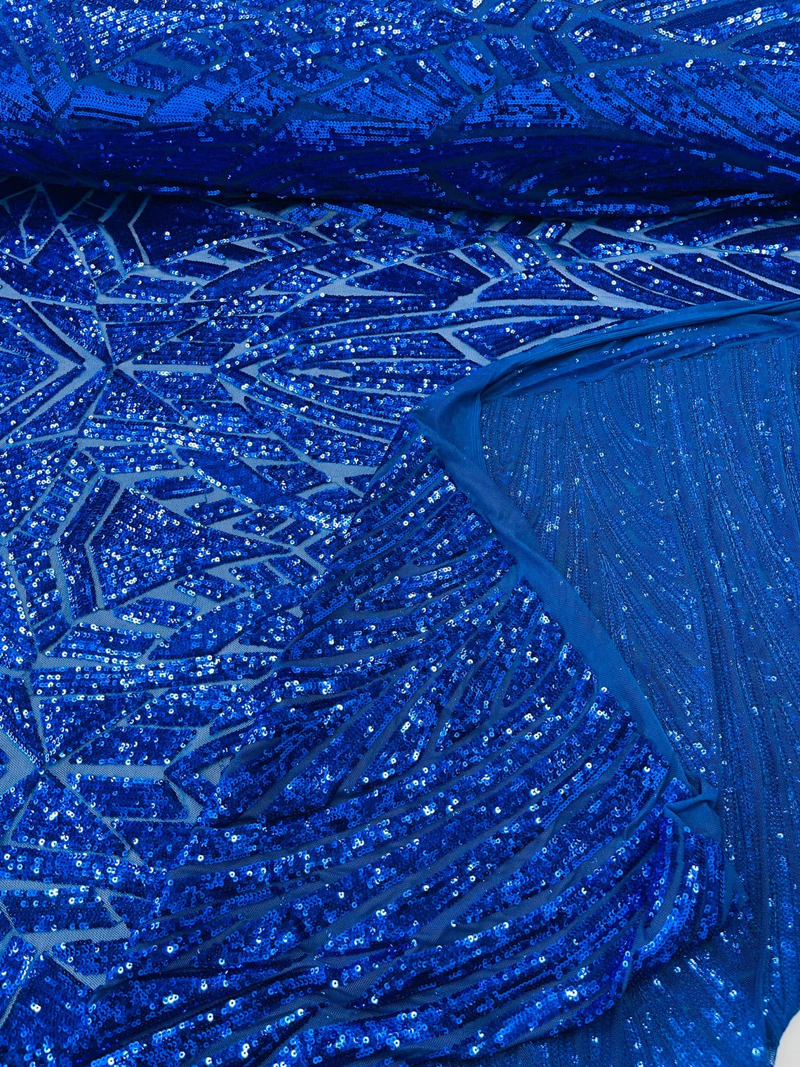 Geometric Triangle Lines Sequins - Royal Blue - 4 Way Stretch Geometric Design Sequins By Yard