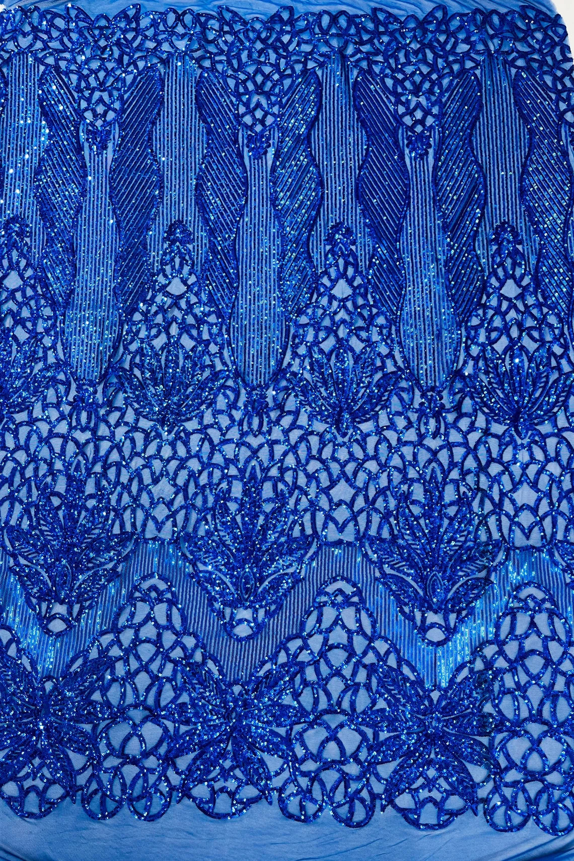 Gorgeous Star Leaf Fabric - Royal Blue - Leaf Design Embroidered 4 Way Stretch Sequins Fabric By Yard