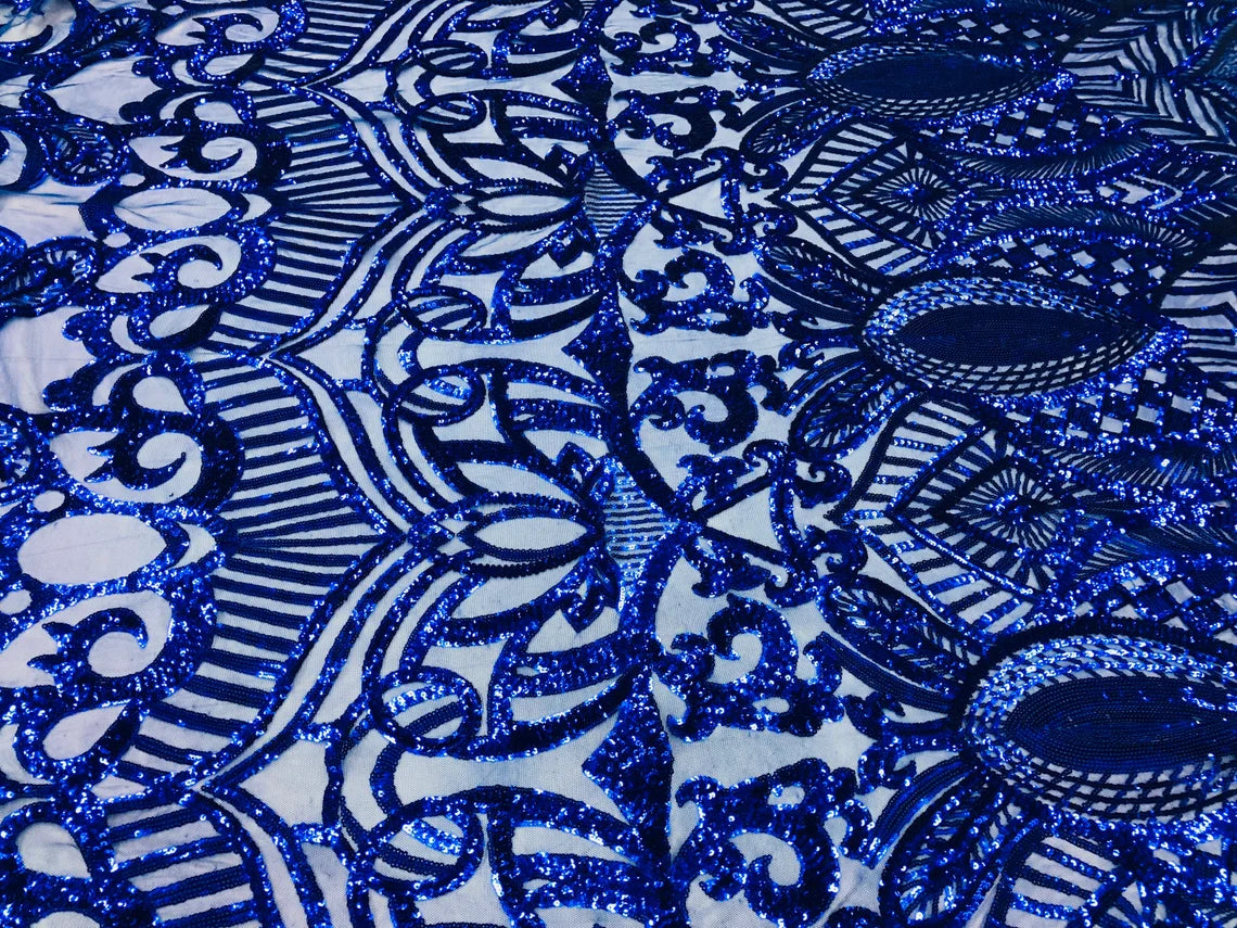 Royalty Damask Sequins Fabric - Royal Blue - Fancy Royal Lace Design 4 Way Stretch Sequins By Yard