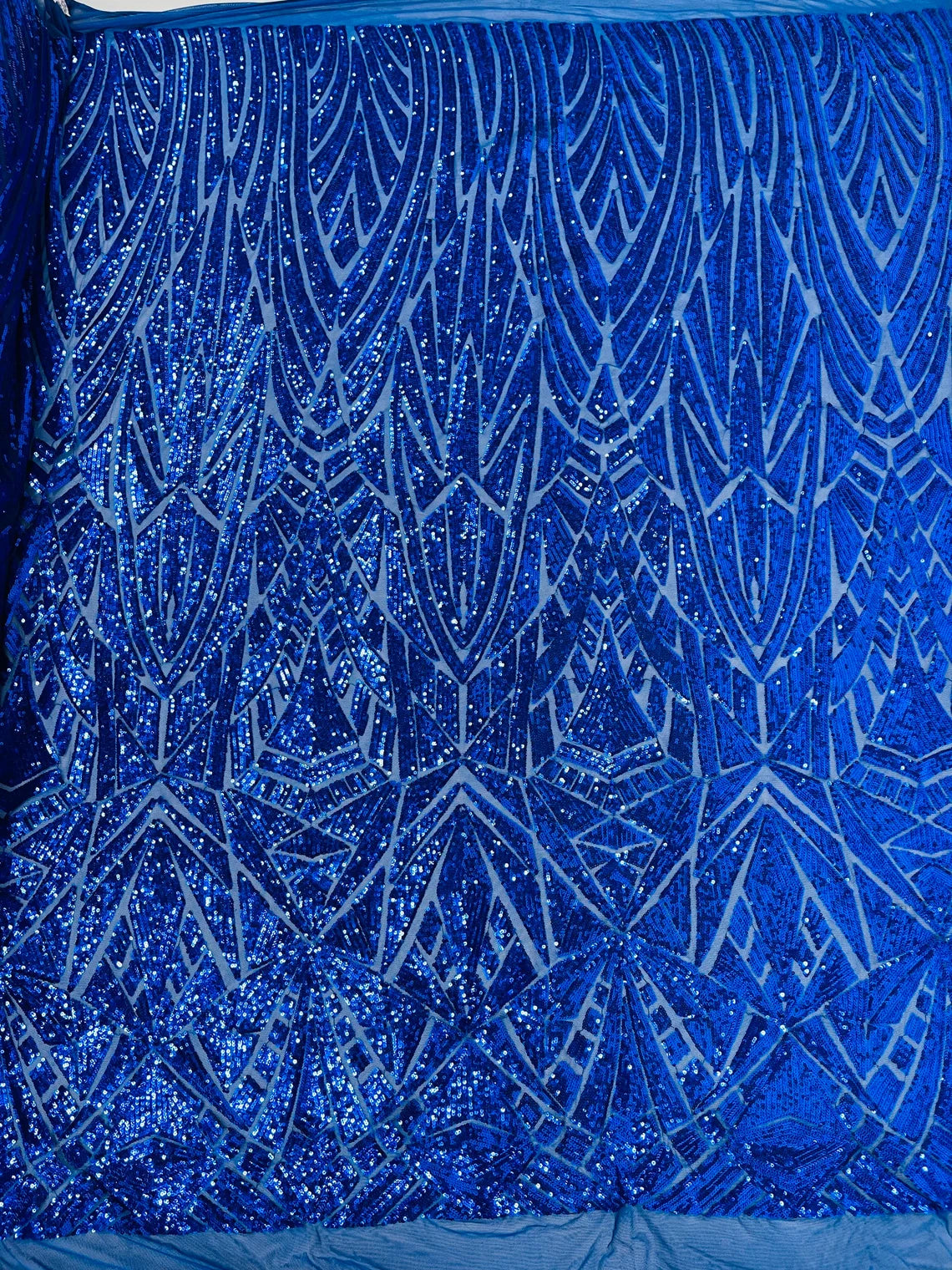 Geometric Triangle Lines Sequins - Royal Blue - 4 Way Stretch Geometric Design Sequins By Yard