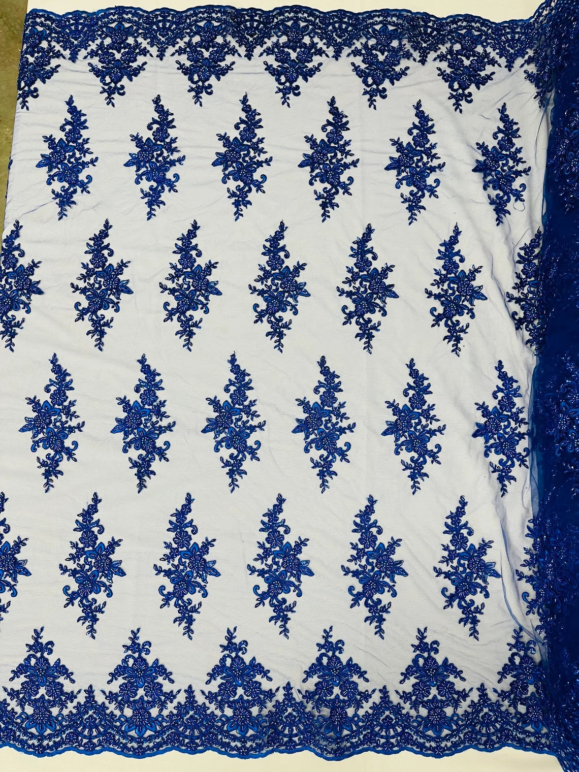 Beaded Clusters Design Fabric - Royal Blue - Embroidered Floral Cluster Design Fabric By Yard