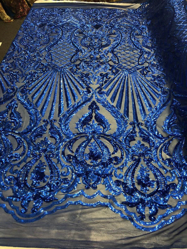 Seashell Geometric Sequins - Royal Blue - Embroidered Sequins on 4 Way Stretch Lace Mesh Sold By Yard