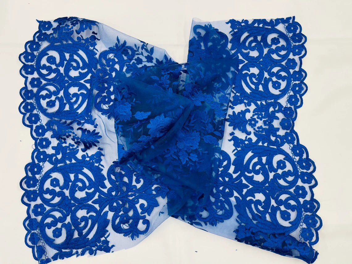 Damask Design Lace Fabric - Royal Blue  - Embroidered Damask Fancy Beautiful Design Lace Fabric By Yard