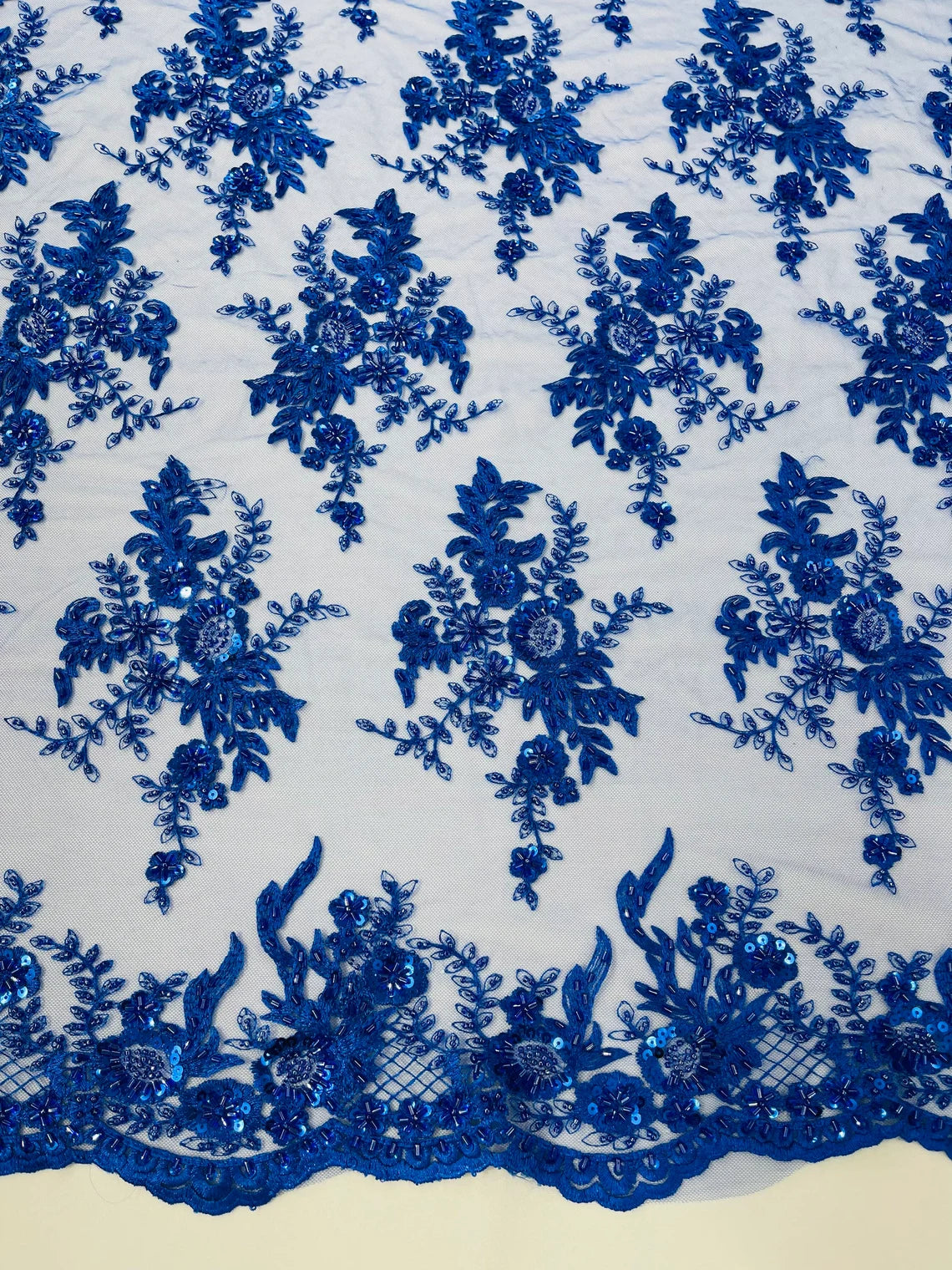 Floral Leaf Bead Sequins Fabric - Royal Blue - Embroidered Flower and Leaves Design Fabric By Yard