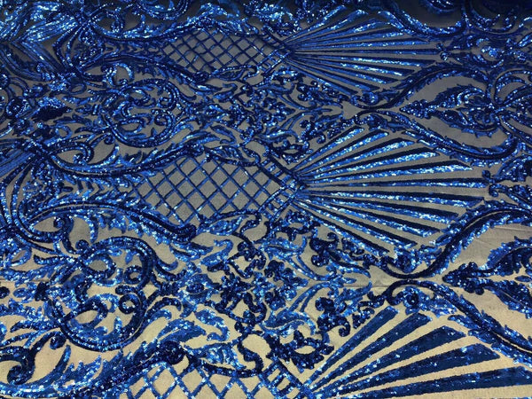 Seashell Geometric Sequins - Royal Blue - Embroidered Sequins on 4 Way Stretch Lace Mesh Sold By Yard