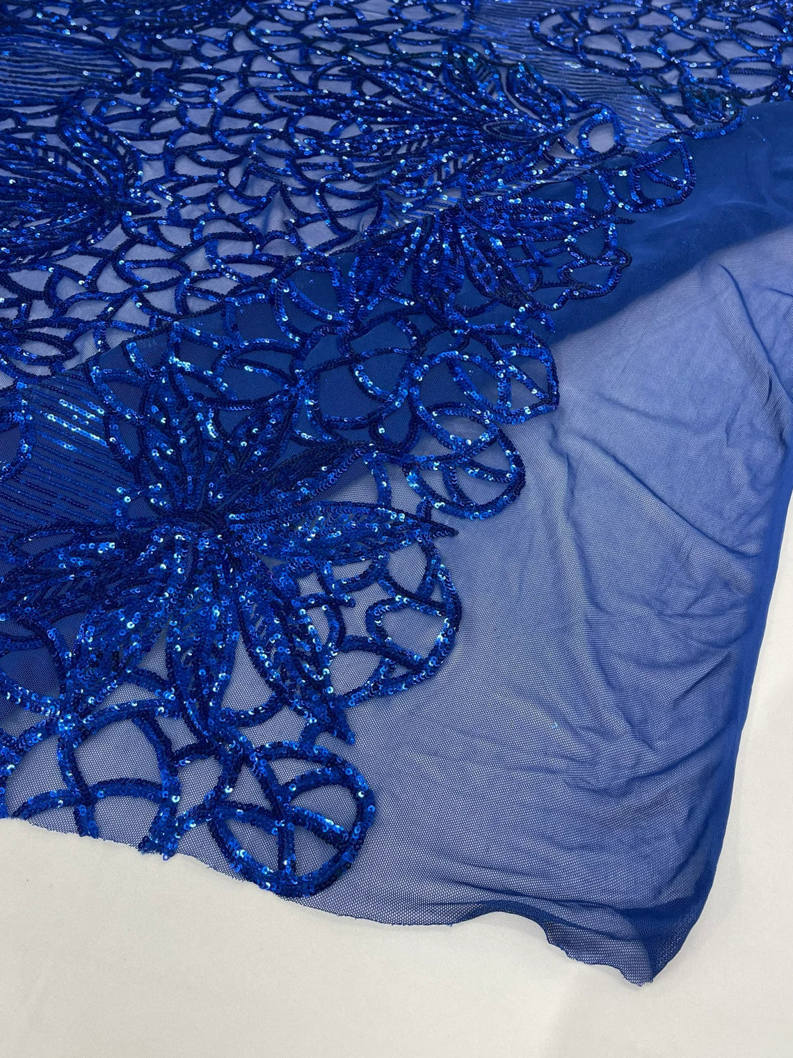 Gorgeous Star Leaf Fabric - Royal Blue - Leaf Design Embroidered 4 Way Stretch Sequins Fabric By Yard