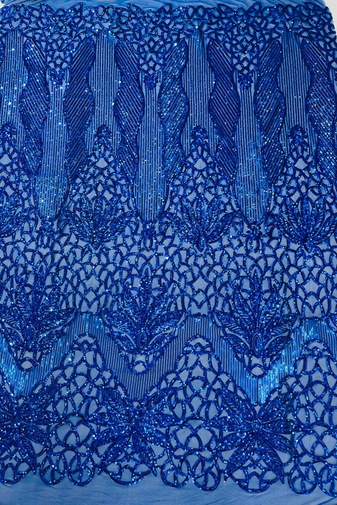 Gorgeous Star Leaf Fabric - Royal Blue - Leaf Design Embroidered 4 Way Stretch Sequins Fabric By Yard