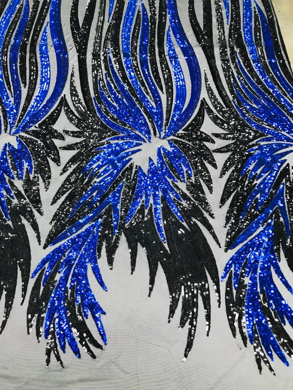 Wings Sequins Fabric - Royal Blue / Black - Large Feather Wings 4 Way Stretch Sequins Design By Yard