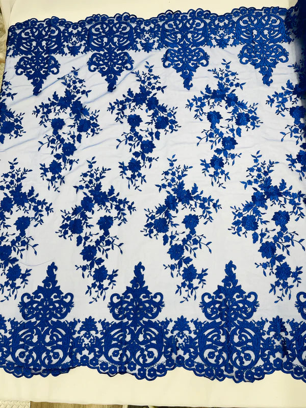 Damask Design Lace Fabric - Royal Blue  - Embroidered Damask Fancy Beautiful Design Lace Fabric By Yard