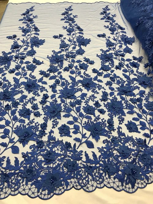 3D Floral Princess Fabric - Royal Blue - Embroidered Floral Lace Fabric with 3D Flowers By Yard