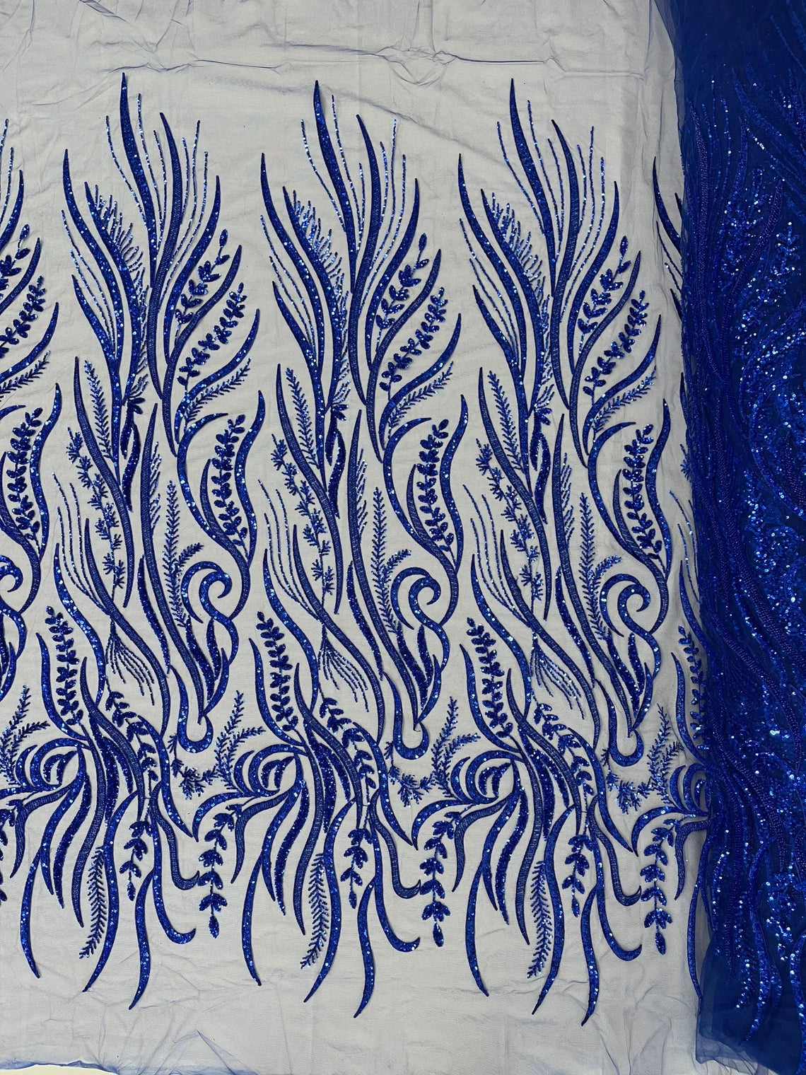 Sea Plants Design Bead Fabric - Royal Blue - Embroidered Beaded Seaweed Design Fabric By Yard