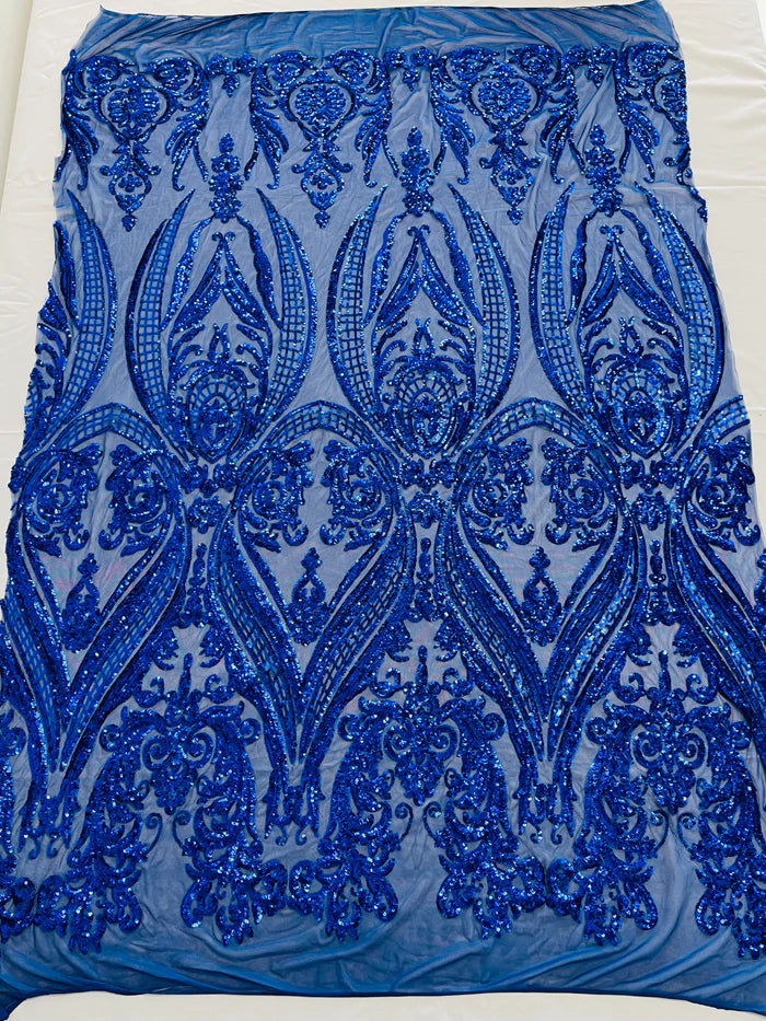 Big Damask 4 Way Sequins - Royal on Royal Blue - Embroidered Damask Design Sequins Fabric Sold By Yard