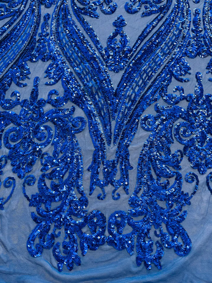 Big Damask 4 Way Sequins - Royal on Royal Blue - Embroidered Damask Design Sequins Fabric Sold By Yard