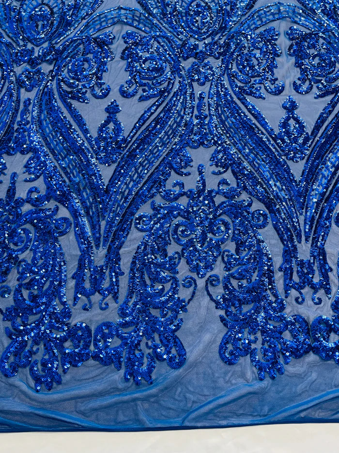 Big Damask 4 Way Sequins - Royal on Royal Blue - Embroidered Damask Design Sequins Fabric Sold By Yard