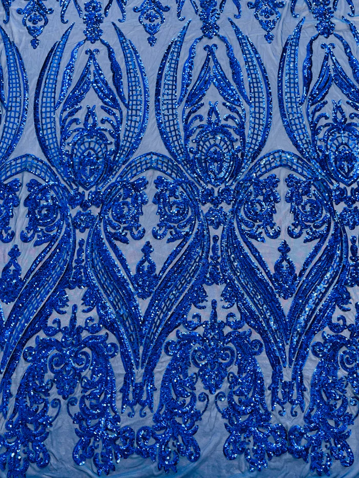 Big Damask 4 Way Sequins - Royal on Royal Blue - Embroidered Damask Design Sequins Fabric Sold By Yard