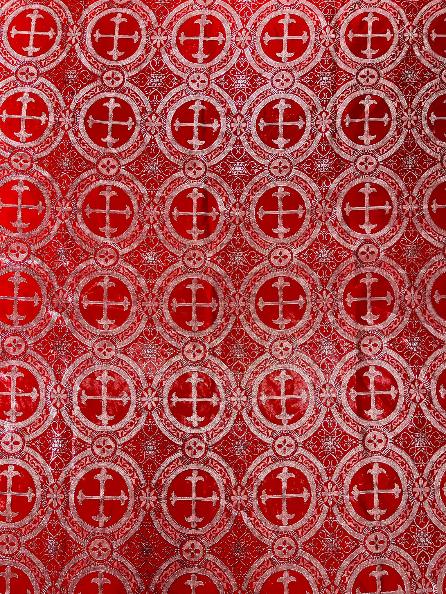 Red/Silver - Rectangular Metallic Cross Brocade Jacquard Satin Tablecloth Overlay/Religious Brocade/Liturgical Fabric/Church.