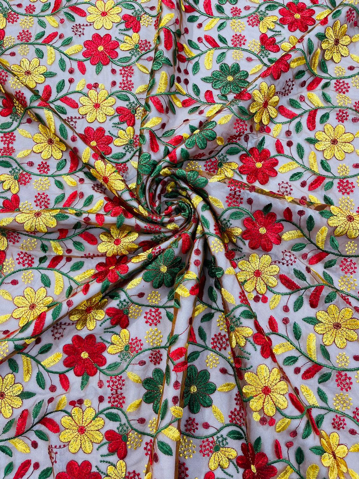 Oaxaca multi color Mexican Sarape floral design embroider on mesh lace-sold by the yard.