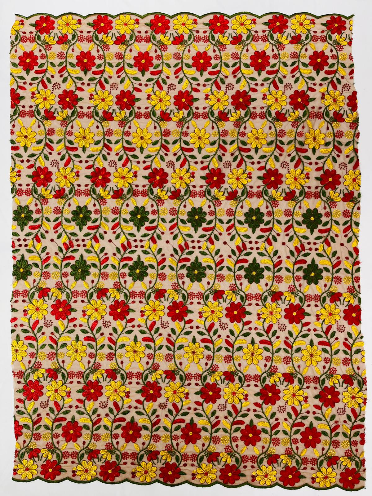 Oaxaca multi color Mexican Sarape floral design embroider on mesh lace-sold by the yard.