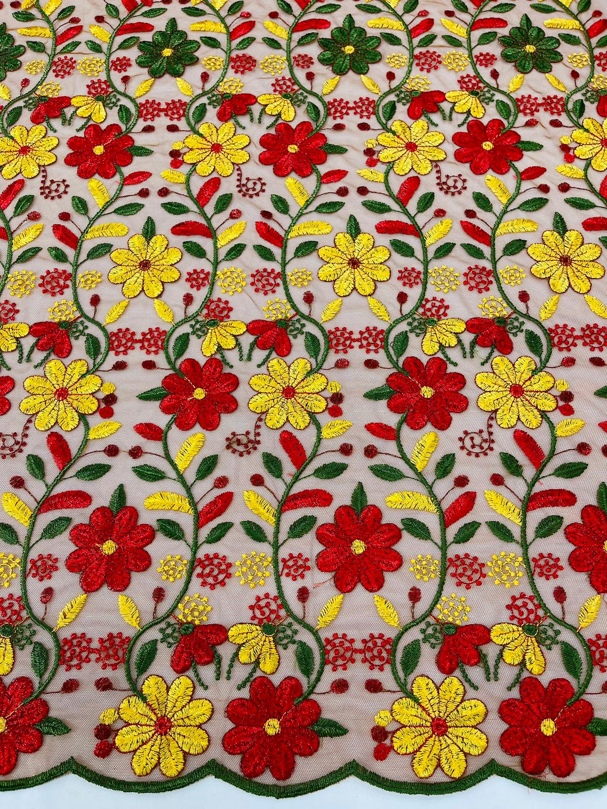 Oaxaca multi color Mexican Sarape floral design embroider on mesh lace-sold by the yard.