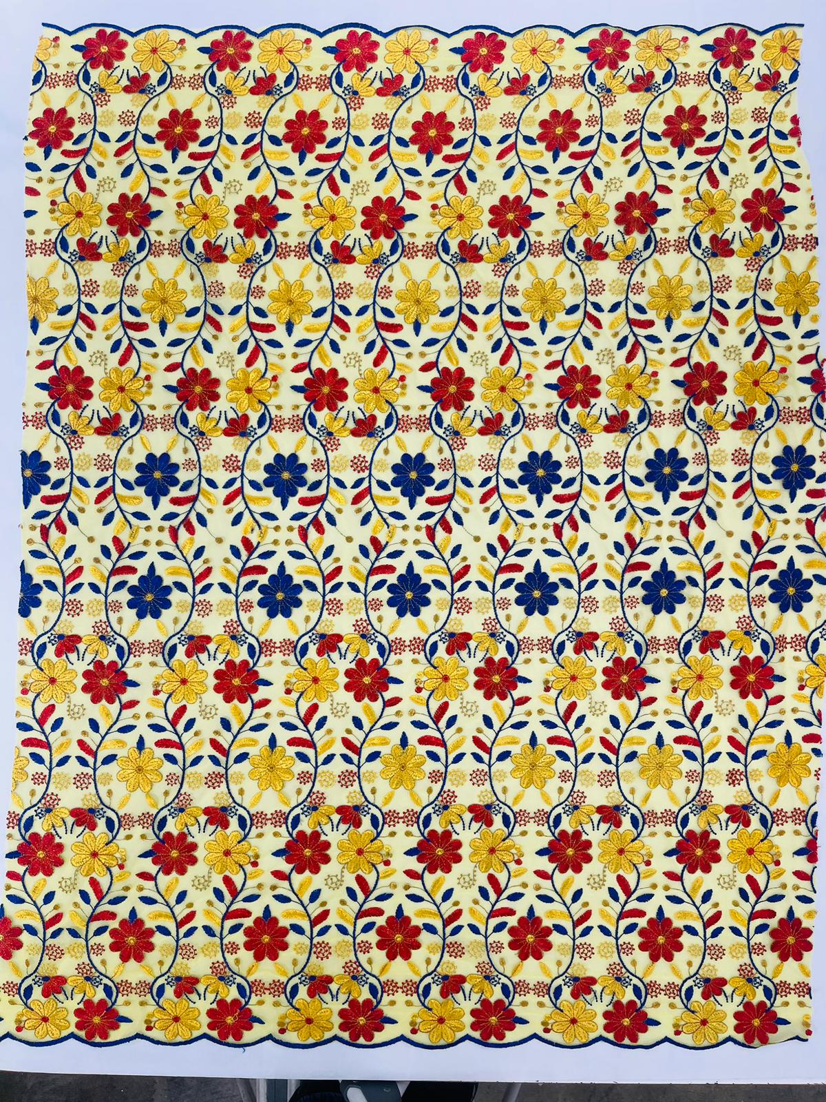 Oaxaca multi color Mexican Sarape floral design embroider on mesh lace-sold by the yard.