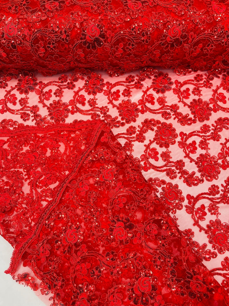 Flower Lace Sequins Fabric - Red - Embroidery Floral Design Lace Fabric By Yard