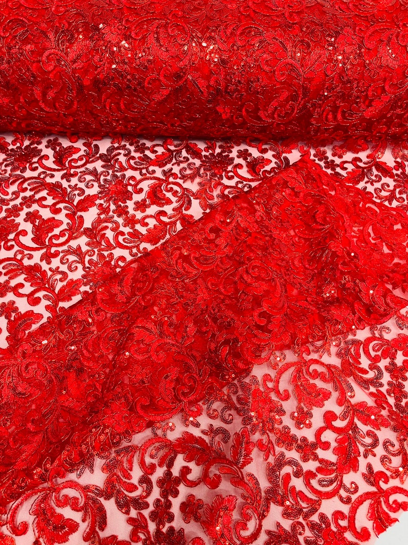 Flower Lace Sequins Corded Fabric - Red - Embroidery Floral Design Lace Fabric By Yard