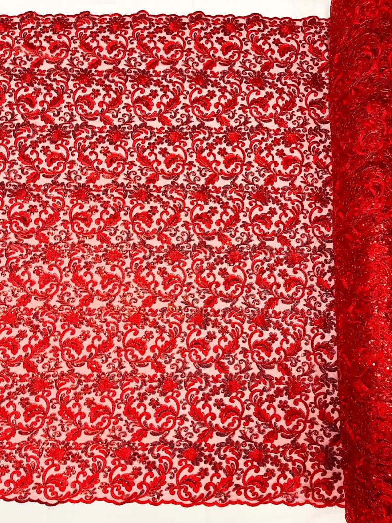 Flower Lace Sequins Corded Fabric - Red - Embroidery Floral Design Lace Fabric By Yard