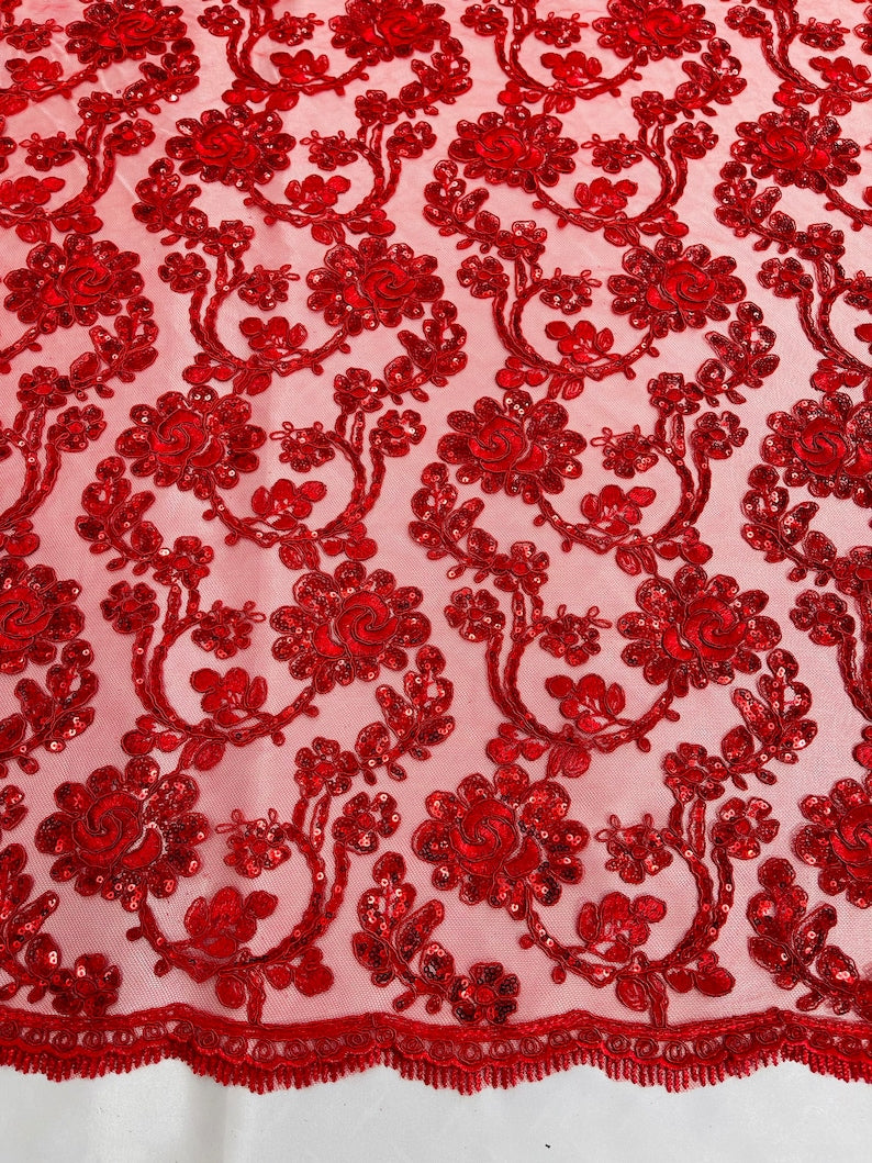 Flower Lace Sequins Fabric - Red - Embroidery Floral Design Lace Fabric By Yard