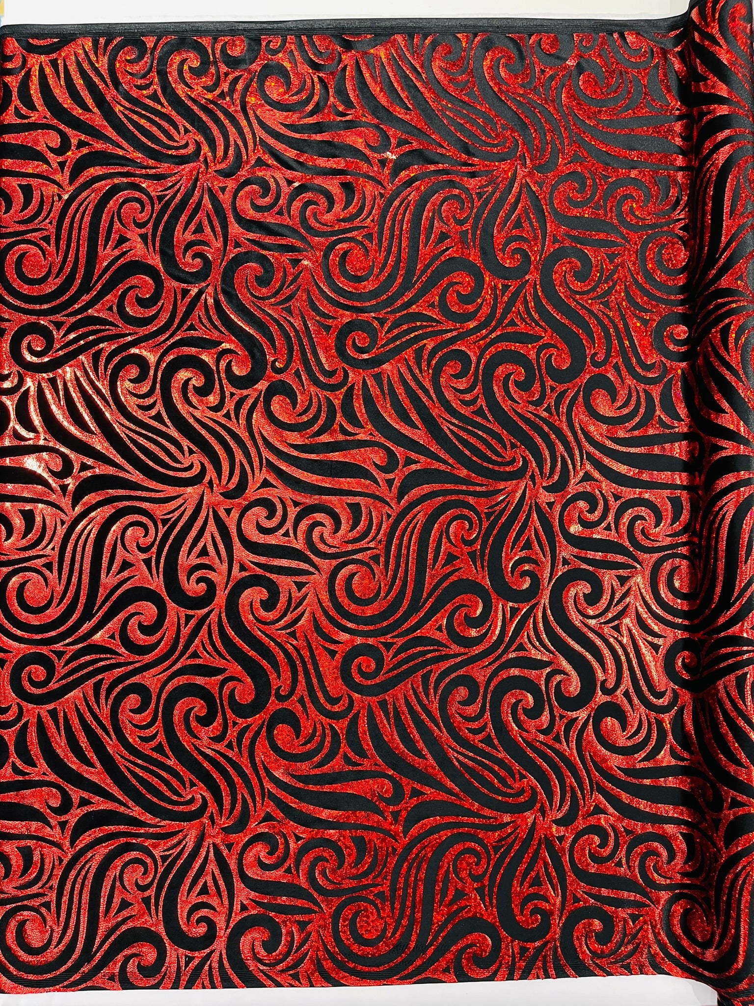 Holographic Foil Tribal Flame Design On A Stretch Velvet Fabric. Sold By The Yard