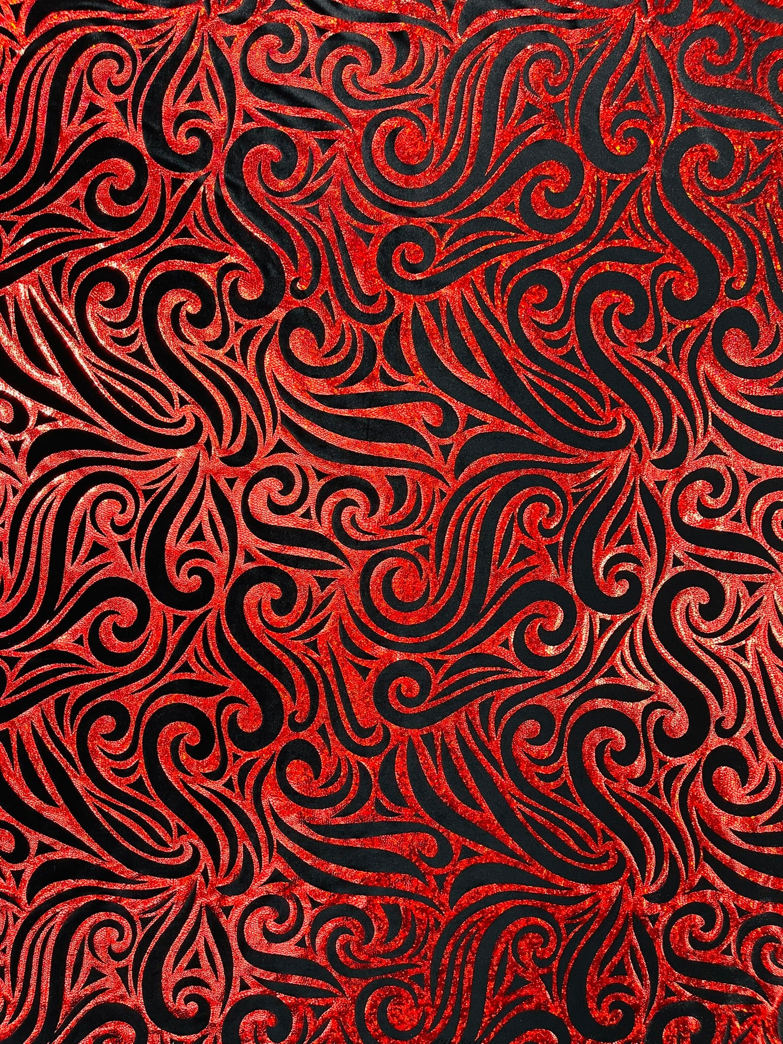 Holographic Foil Tribal Flame Design On A Stretch Velvet Fabric. Sold By The Yard