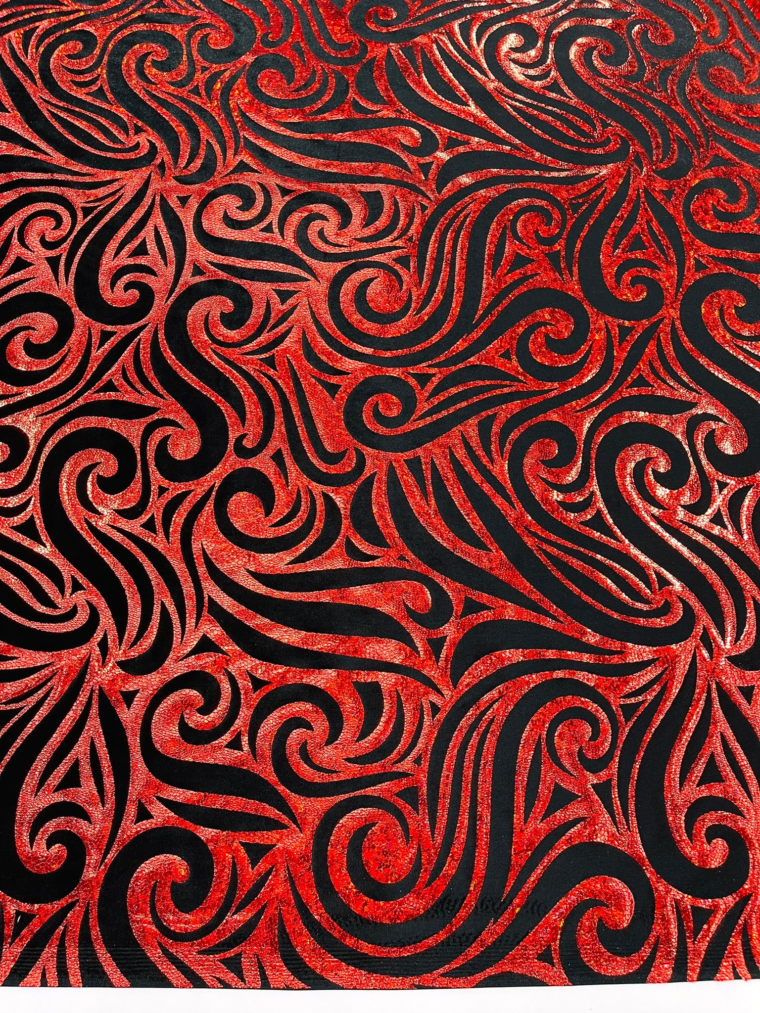 Holographic Foil Tribal Flame Design On A Stretch Velvet Fabric. Sold By The Yard