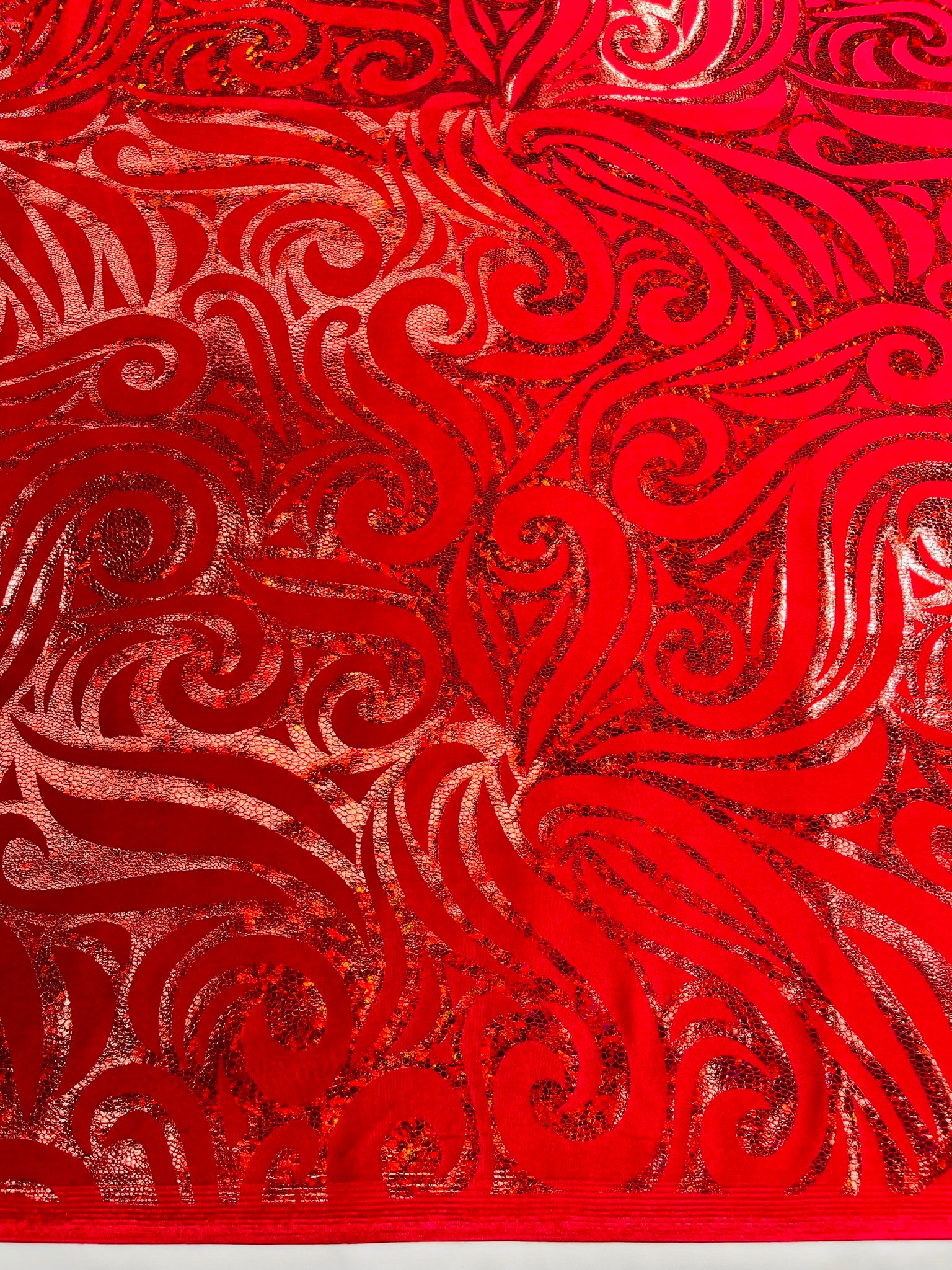 Holographic Foil Tribal Flame Design On A Stretch Velvet Fabric. Sold By The Yard