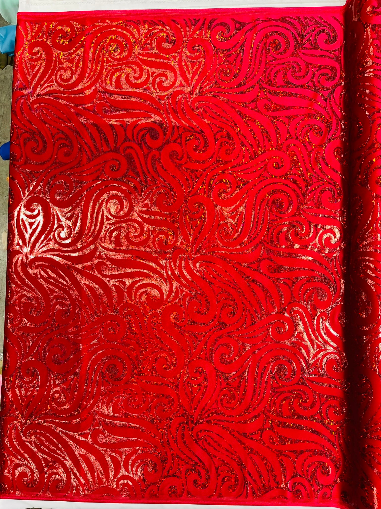 Holographic Foil Tribal Flame Design On A Stretch Velvet Fabric. Sold By The Yard