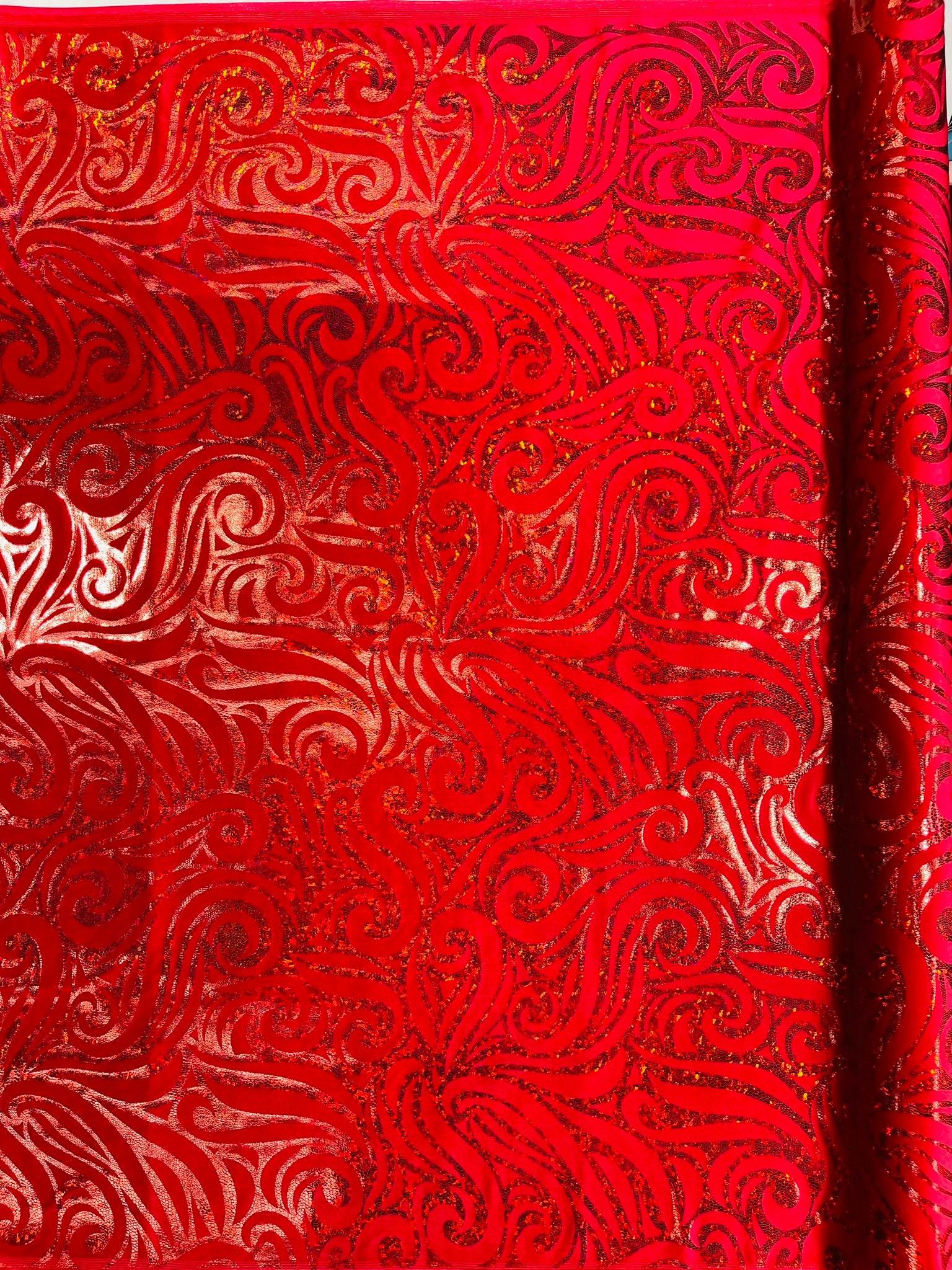 Holographic Foil Tribal Flame Design On A Stretch Velvet Fabric. Sold By The Yard