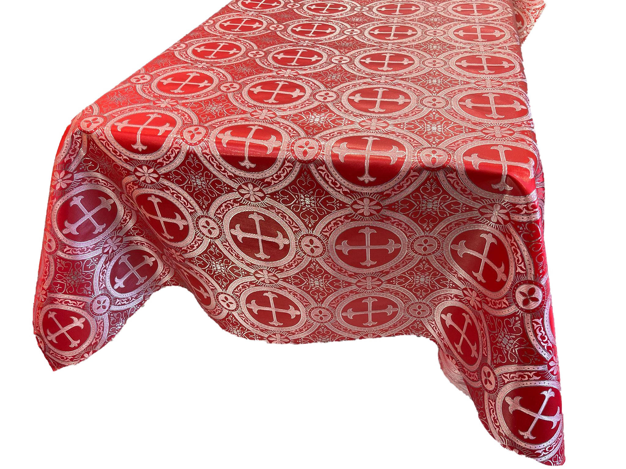 Red/Silver - Square Metallic Cross Brocade Jacquard Satin Table Overlay/Religious Brocade/Liturgical Fabric/Church.