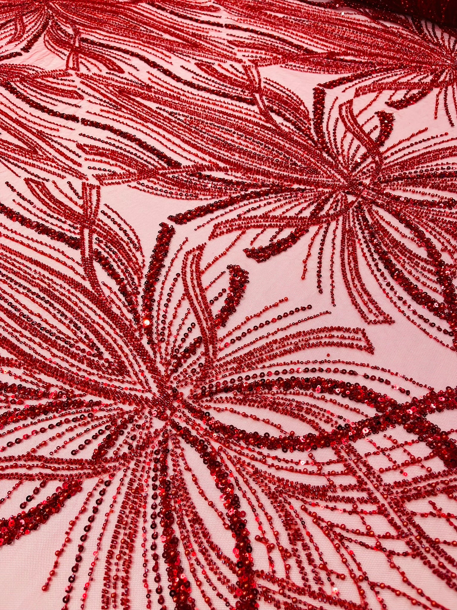 Palm Beaded Lace Fabric, Heavy Embroidered Design on 58" Mesh for Dresses