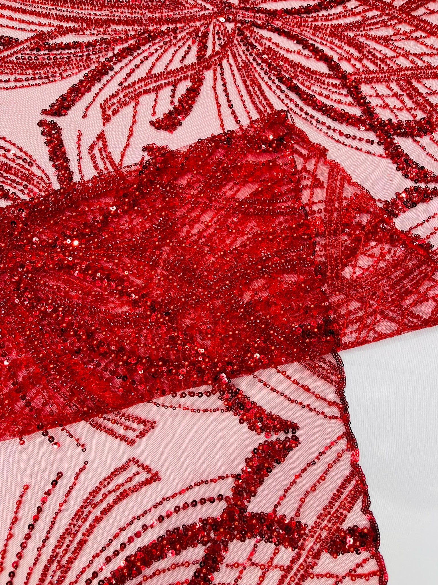 Palm Beaded Lace Fabric, Heavy Embroidered Design on 58" Mesh for Dresses