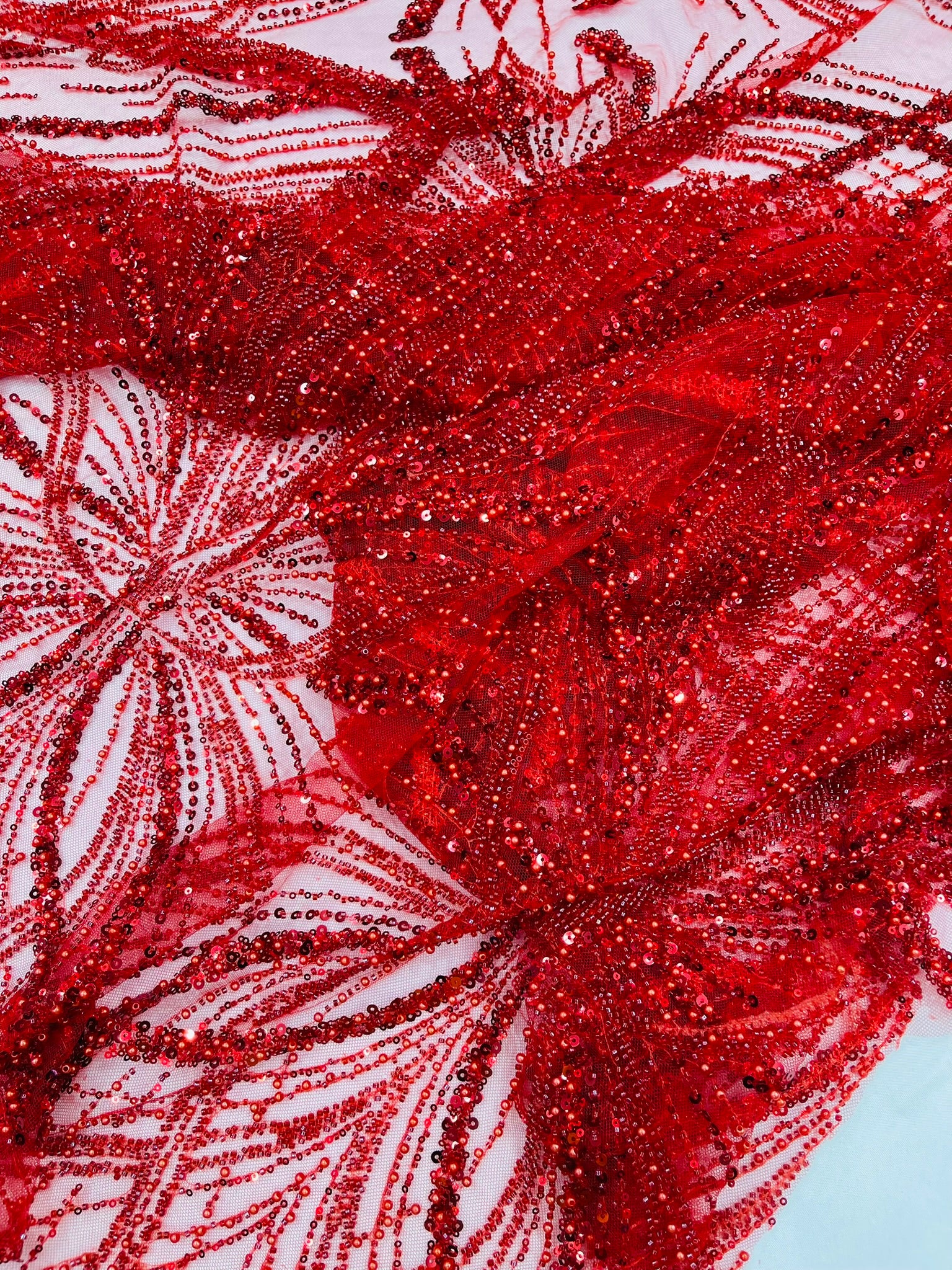 Palm Beaded Lace Fabric, Heavy Embroidered Design on 58" Mesh for Dresses
