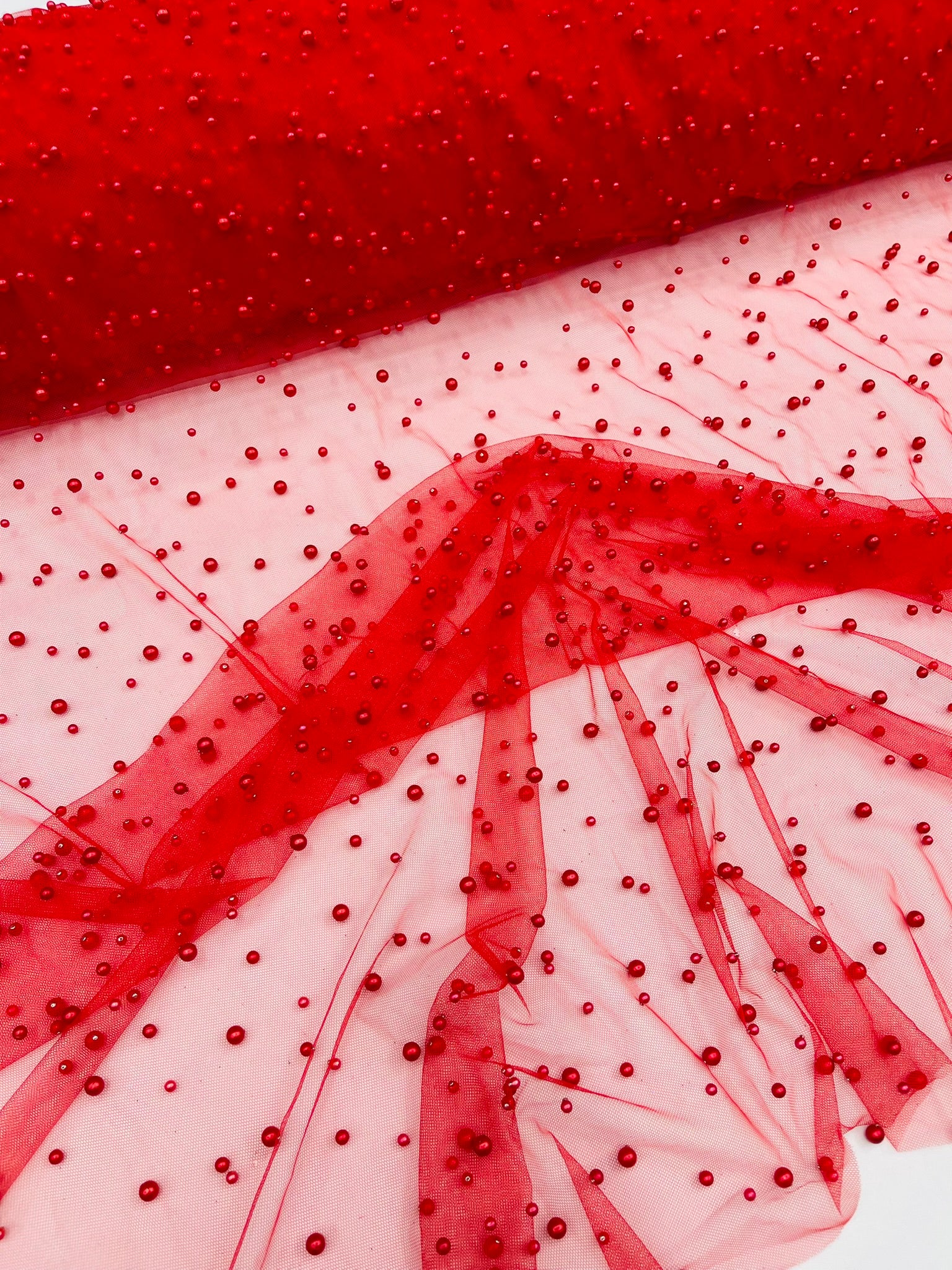Scattered Pearls Studded Mesh, 2-Way Stretch, Sold by the yard.