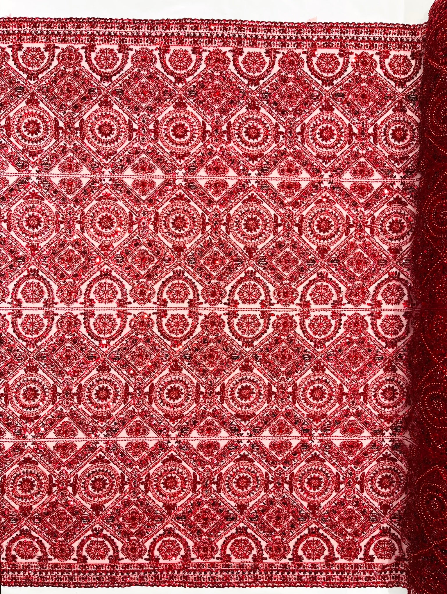 Geometric Beaded Lace Fabric, Heavy Embroidered Design on 58" Mesh for Dresses