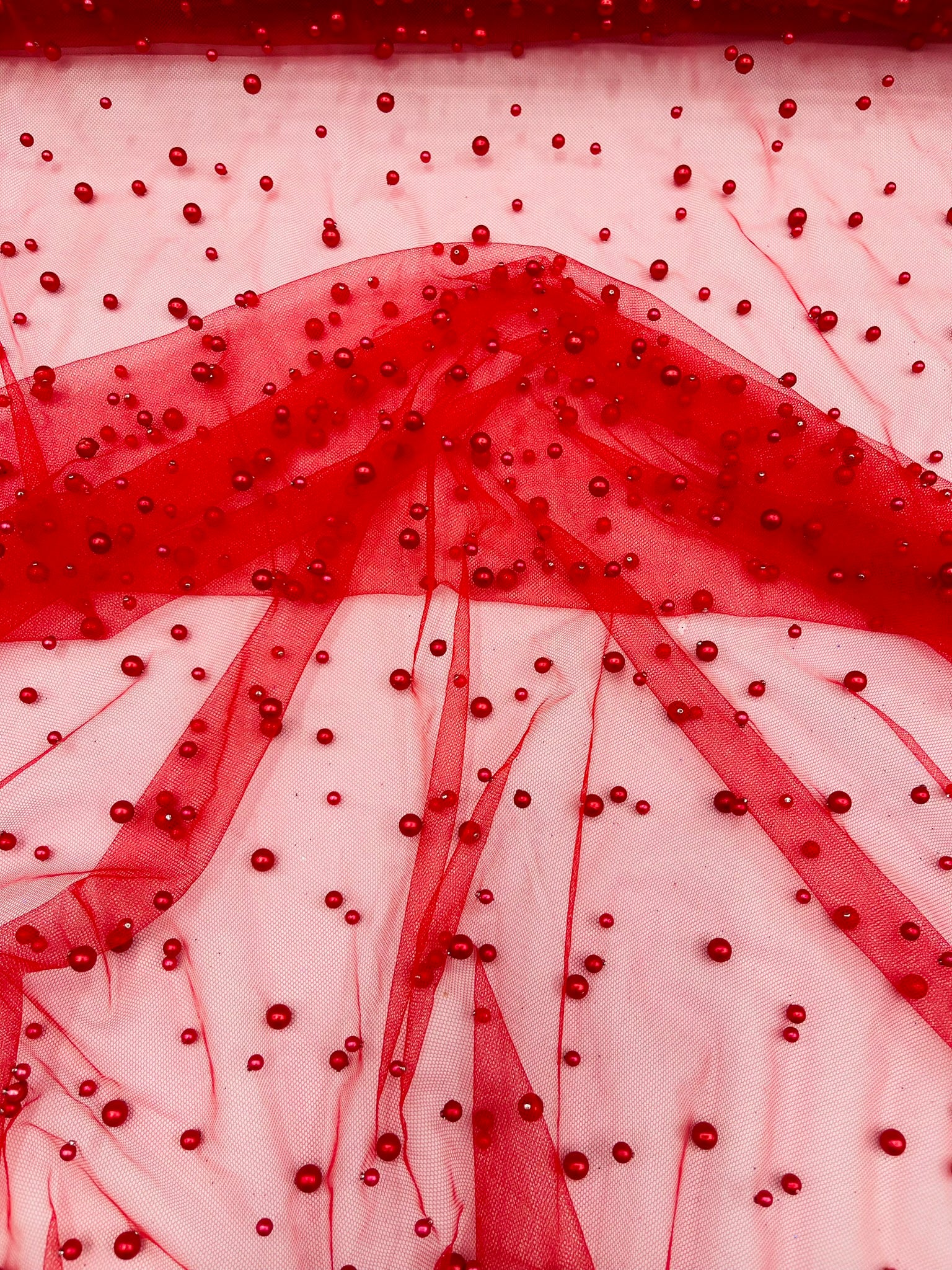 Scattered Pearls Studded Mesh, 2-Way Stretch, Sold by the yard.