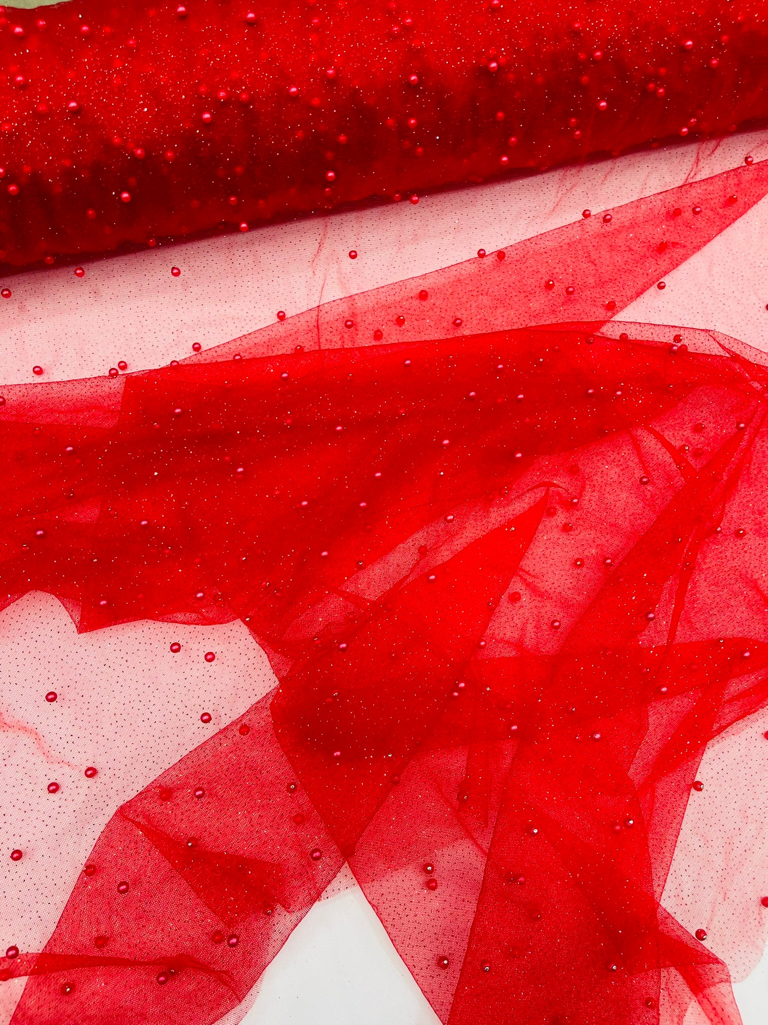 Pearl Glitter Studded Mesh, 2-Way Stretch Shimmer Mesh Fabric, Sold by the yard.