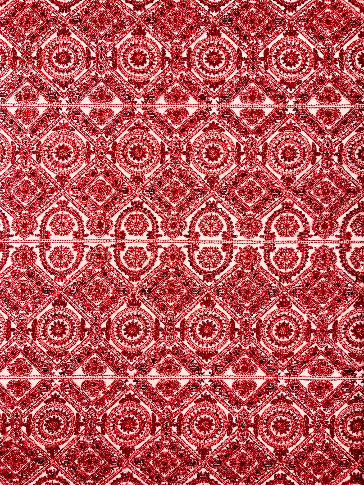 Geometric Beaded Lace Fabric, Heavy Embroidered Design on 58" Mesh for Dresses
