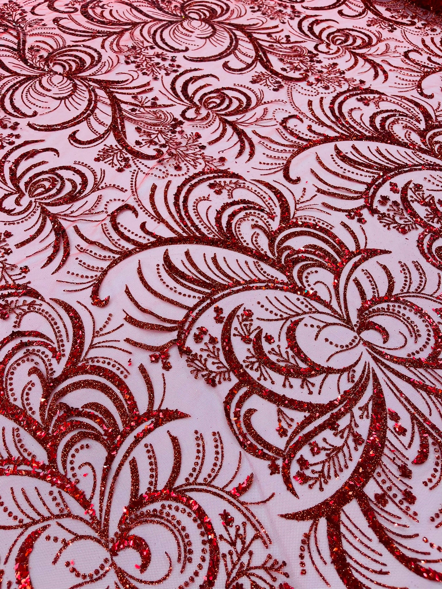 Palm Glitter Vine Design On A Mesh Lace Fabric 58"' Wide Prom.