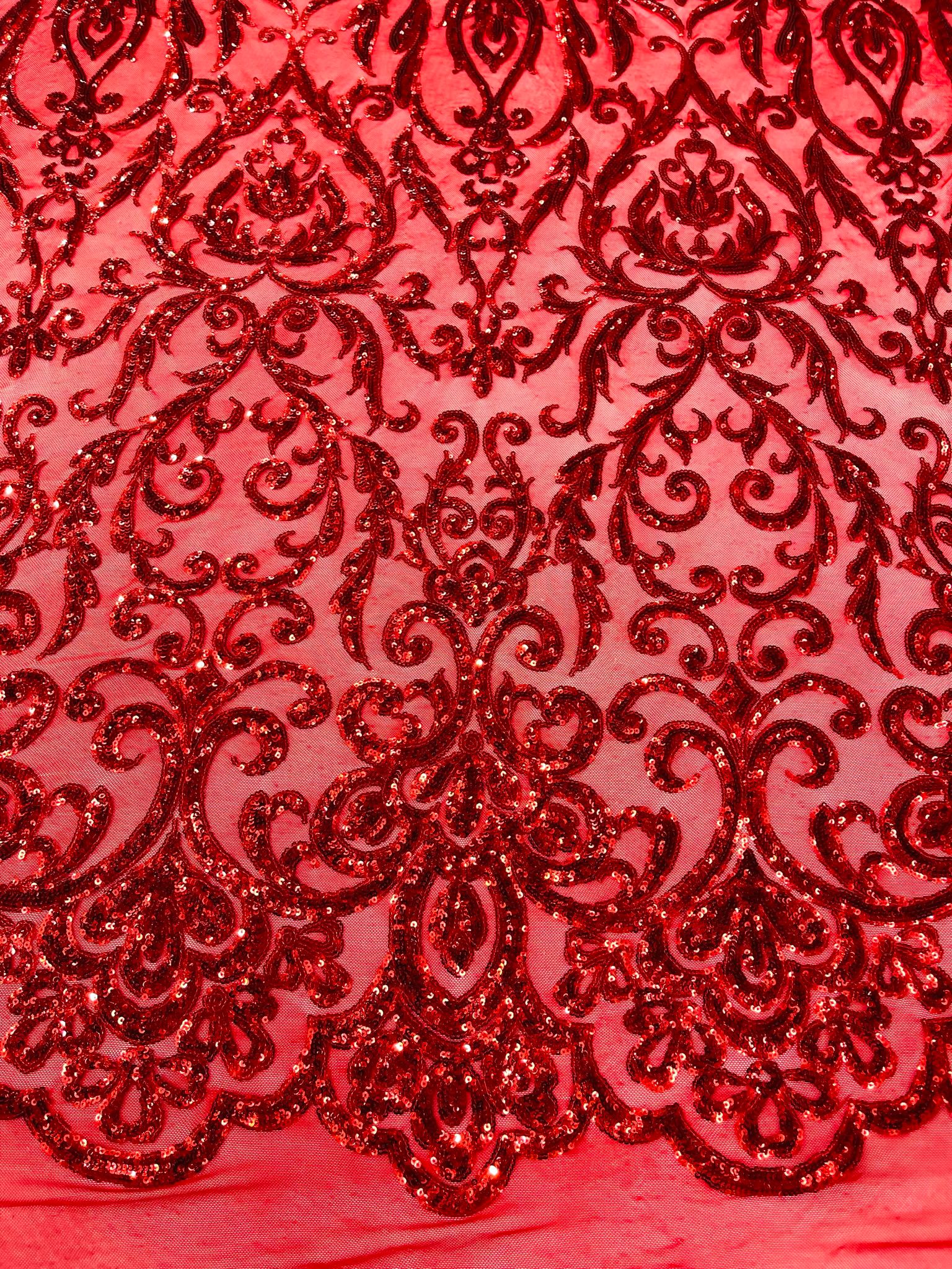 King Damask Design Sequins - 4 Way Stretch Lace Mesh Embroidered Sequins By Yard.