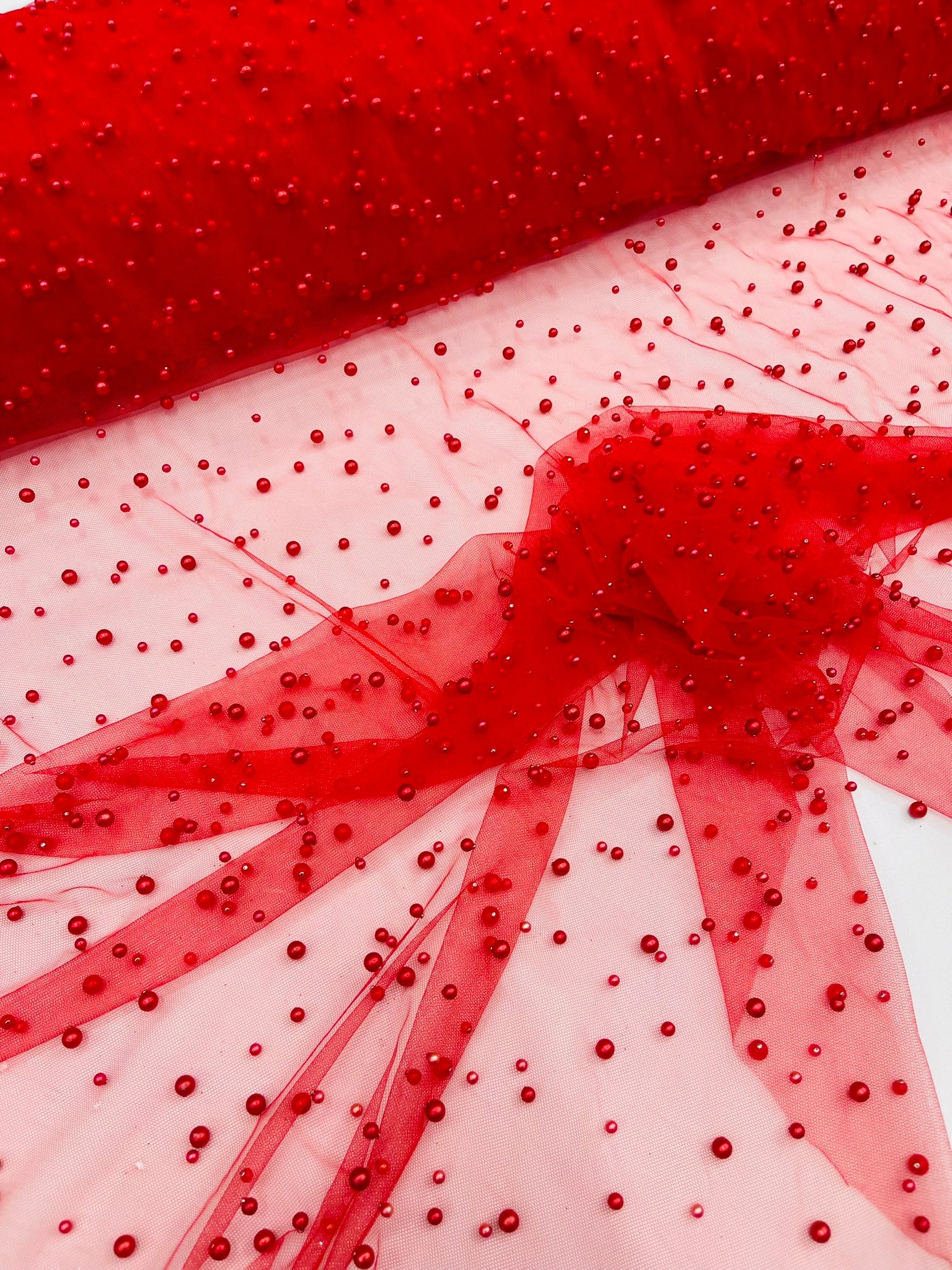 Scattered Pearls Studded Mesh, 2-Way Stretch, Sold by the yard.