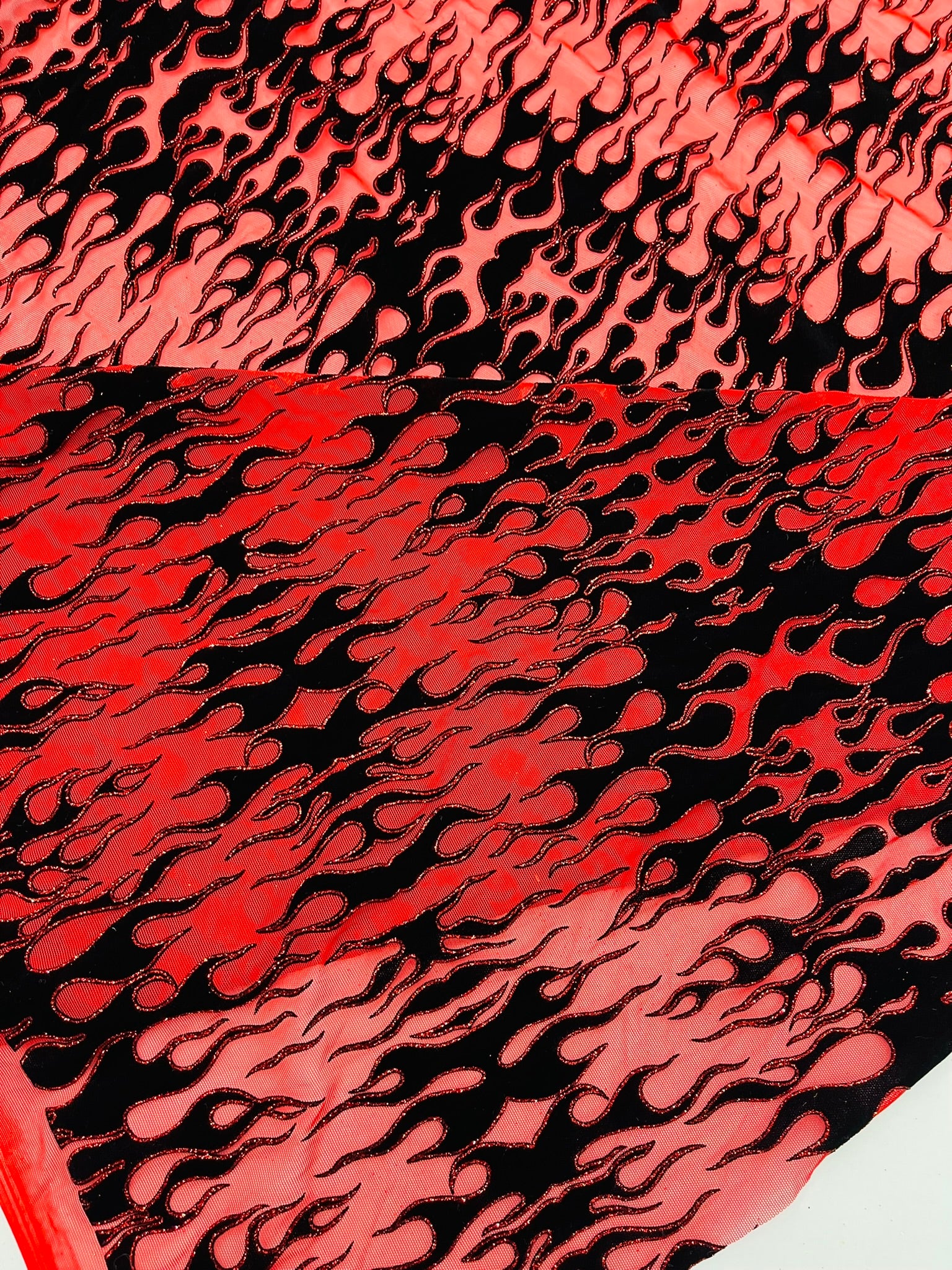 Power Mesh with Black Flocking Flames and Red Glitter Fabric-60” Wide-Hot Rod.