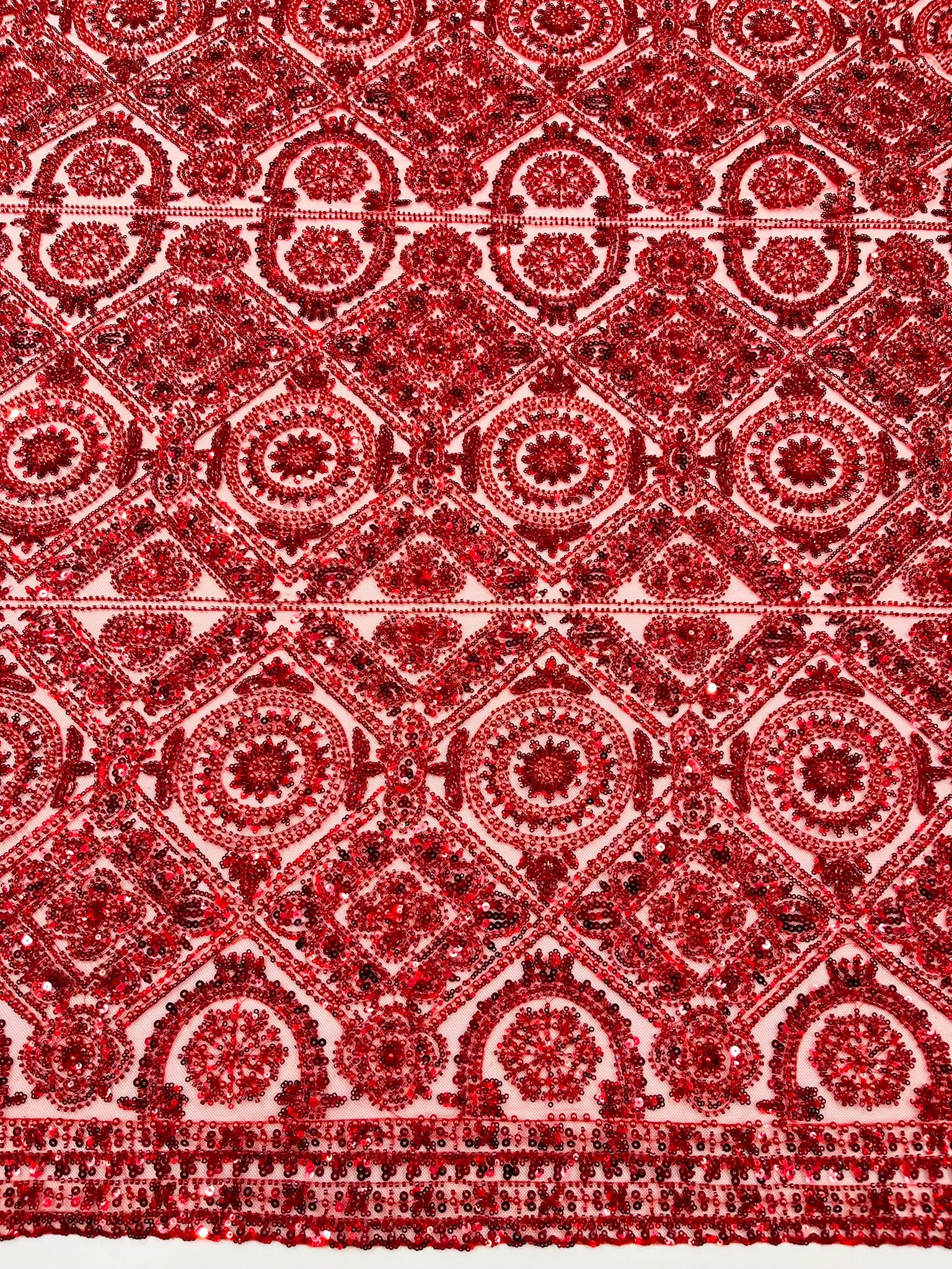 Geometric Beaded Lace Fabric, Heavy Embroidered Design on 58" Mesh for Dresses
